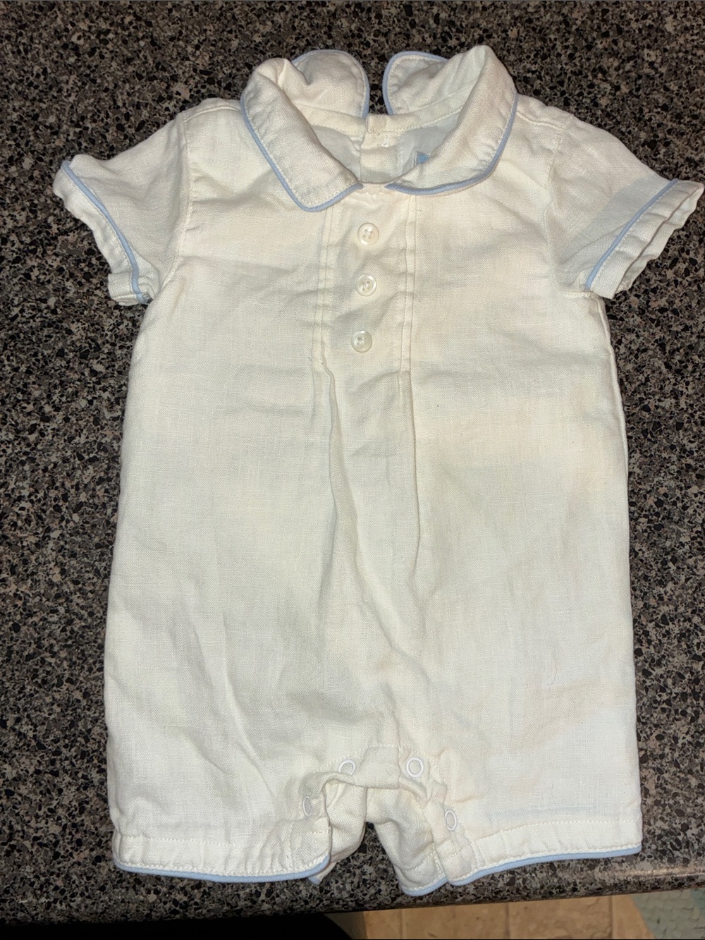 Linen Infant Romper with Light Blue Trim